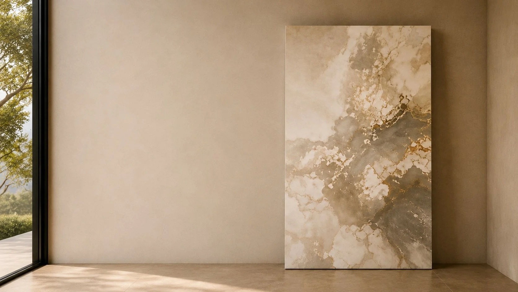 A BONAFÉ resin artwork leaning against a sunlit interior wall